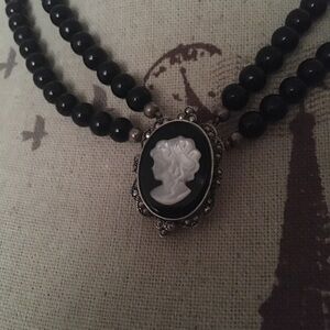 Vintage Cameo Black Beaded Necklace